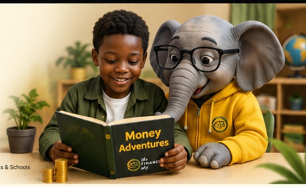 Child reading a money adventure story with a friendly elephant mascot